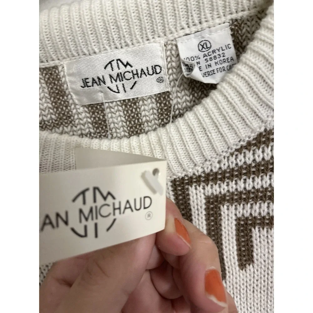 80s 90s Jean Michaud Sweater All Over Print White Brown XL NWT Knit
